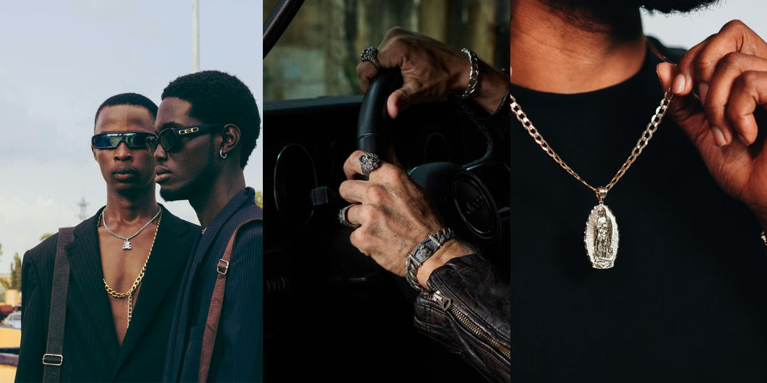3 images of men collage shows options for men's jewellery available