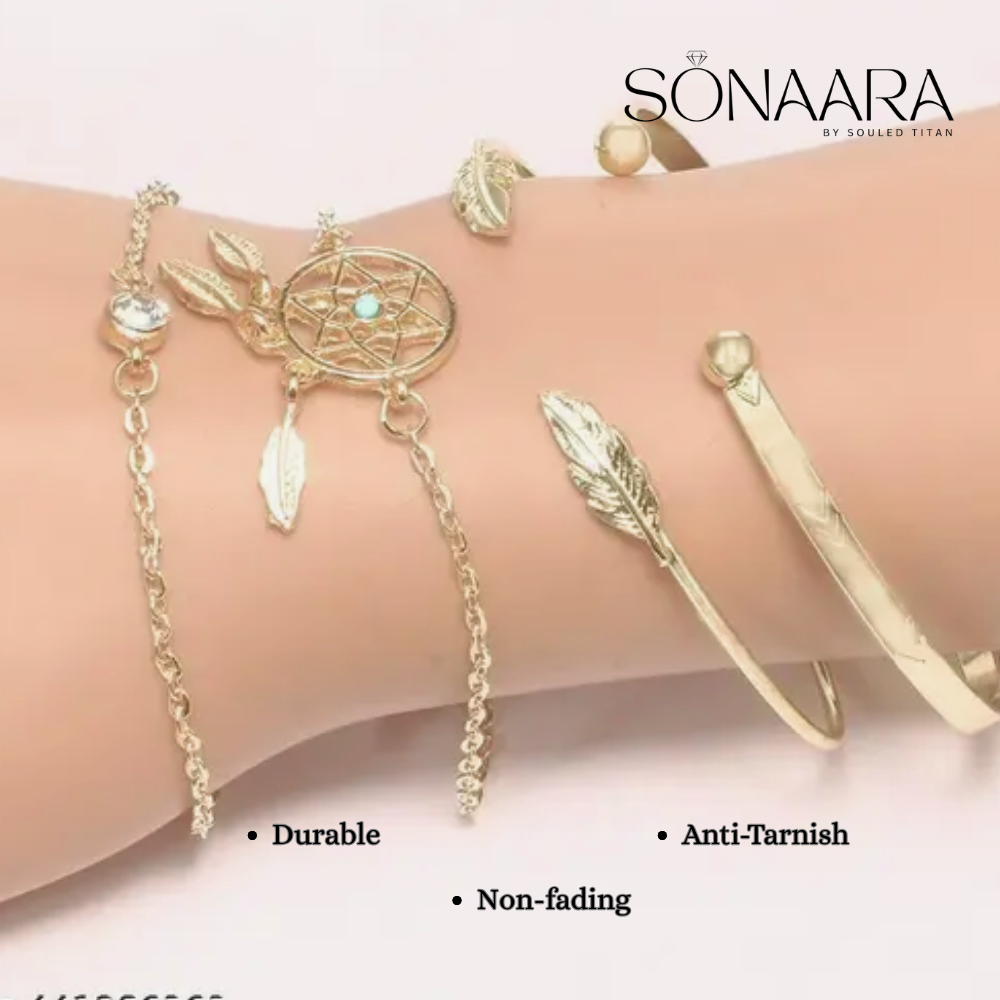 Gold Plated Dream Catcher Boho Bracelet Set on a mannequin arm, with 'Sonaara' branding.