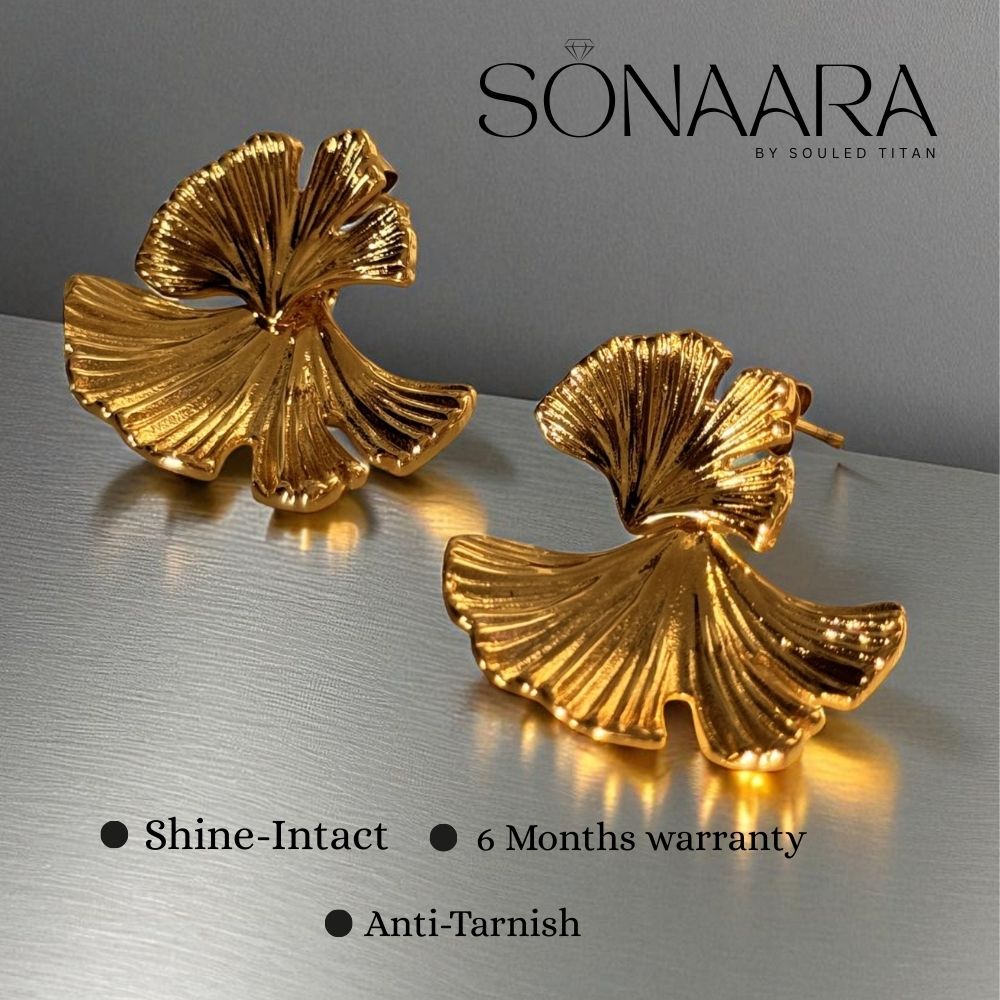 Inforgraphics for Gold leaf-shaped earrings on a reflective surface with 'Sonaara' branding.