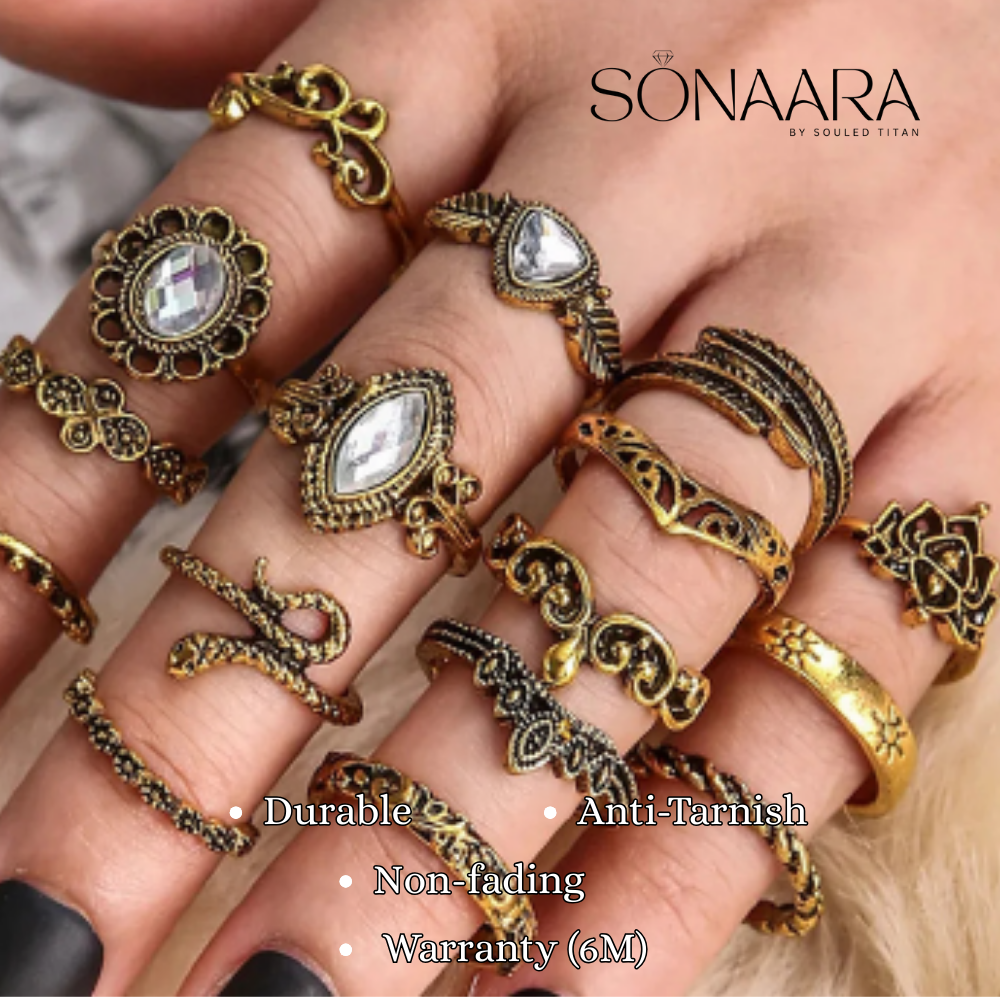Collection of gold and bronze rings on a hand with 'Sonaara' branding.
