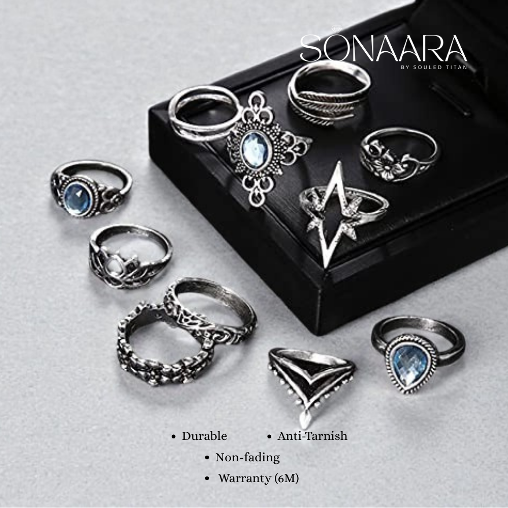 Stackable Blue Gemstone Multi-Design Rings (Silver Oxidized, Free Size)