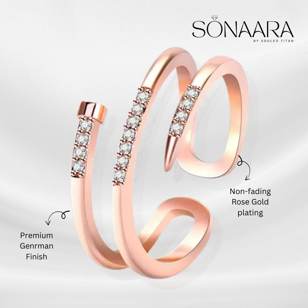Rose gold rings with embedded diamonds on a white background, branded as Sonaara by Souled Titan.