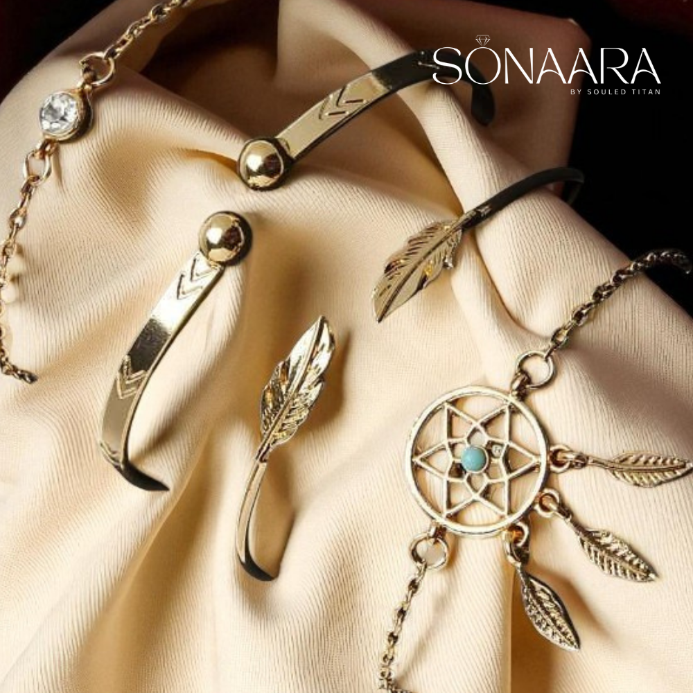 Gold Plated Dream Catcher Boho Bracelet Set on a beige fabric background, featuring the brand 'SONAARA'.