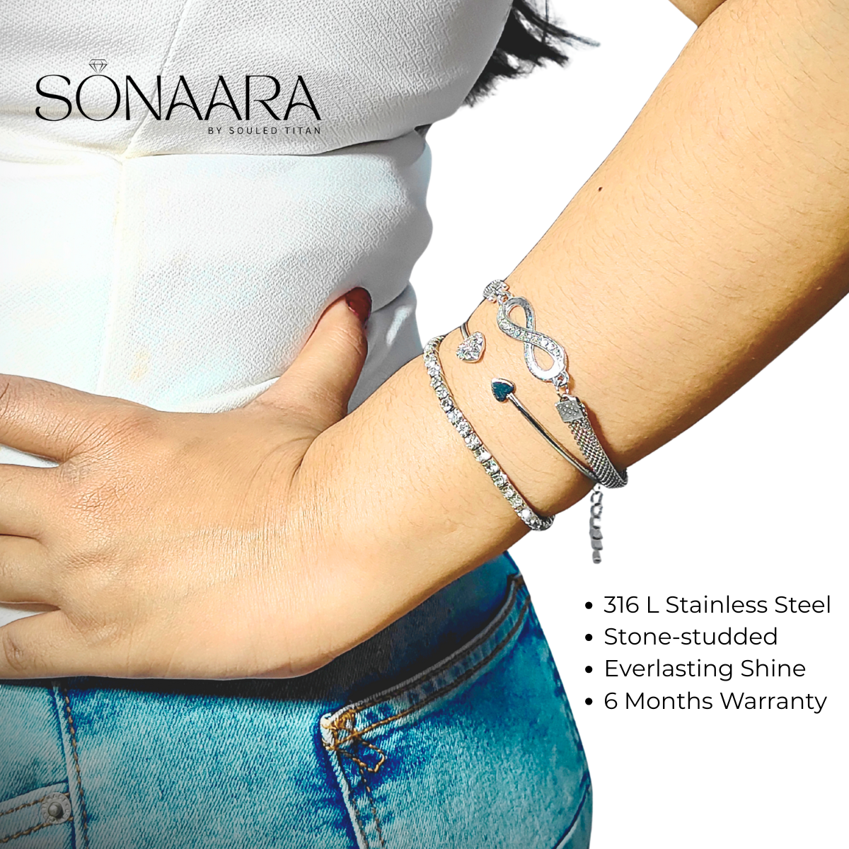Person wearing multiple bracelets on a white background with Sonaara branding.