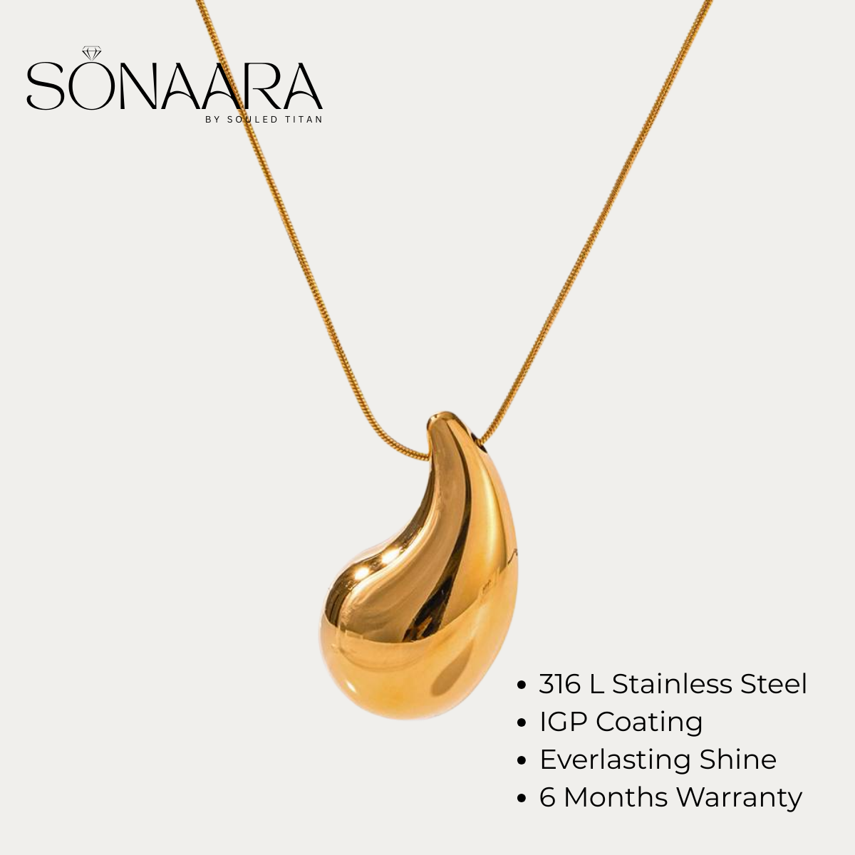 Gold Teardrop pendant necklace with Sonaara branding on a white background