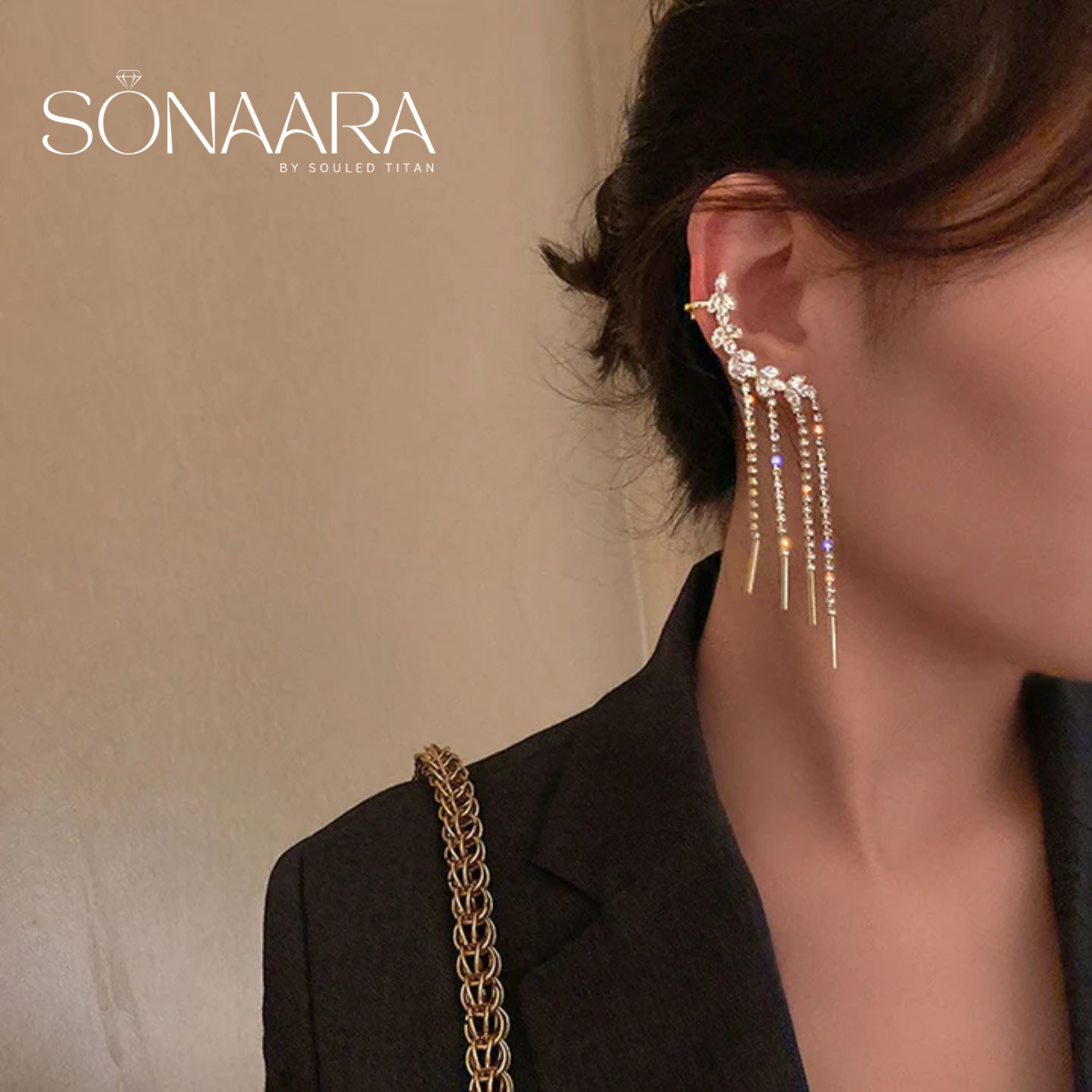 Tassel drop earrings worn by a woman with 'SONAARA' branding in the corner.