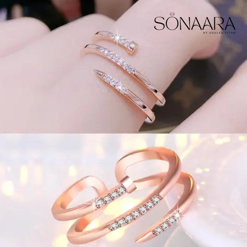 Rose gold rings with diamonds on a blurred background, featuring the brand 'SONAARA'.