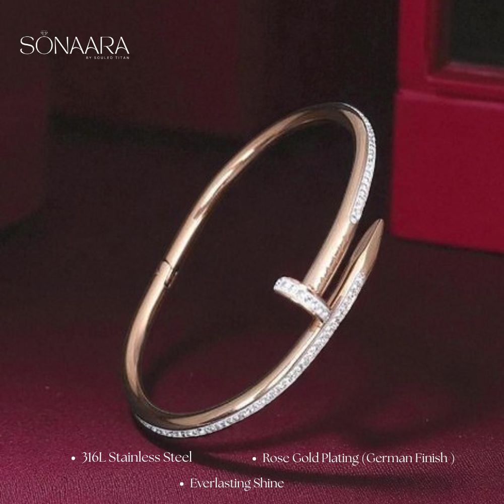 Rose gold bracelet with diamond accents on a dark background, branded 'Sonaara'.