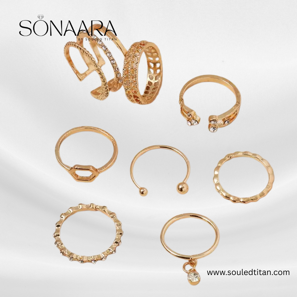 Collection of gold rings on a white background with 'Sonaara' branding.