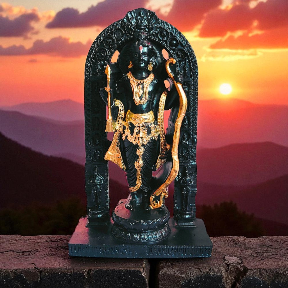 Statue of Ram Lalla from Ayodhya Temple with a sunset and mountains in the background