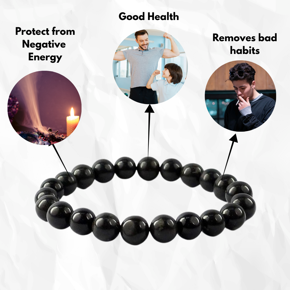 Black tourmaline bracelet with benefits text on a white background