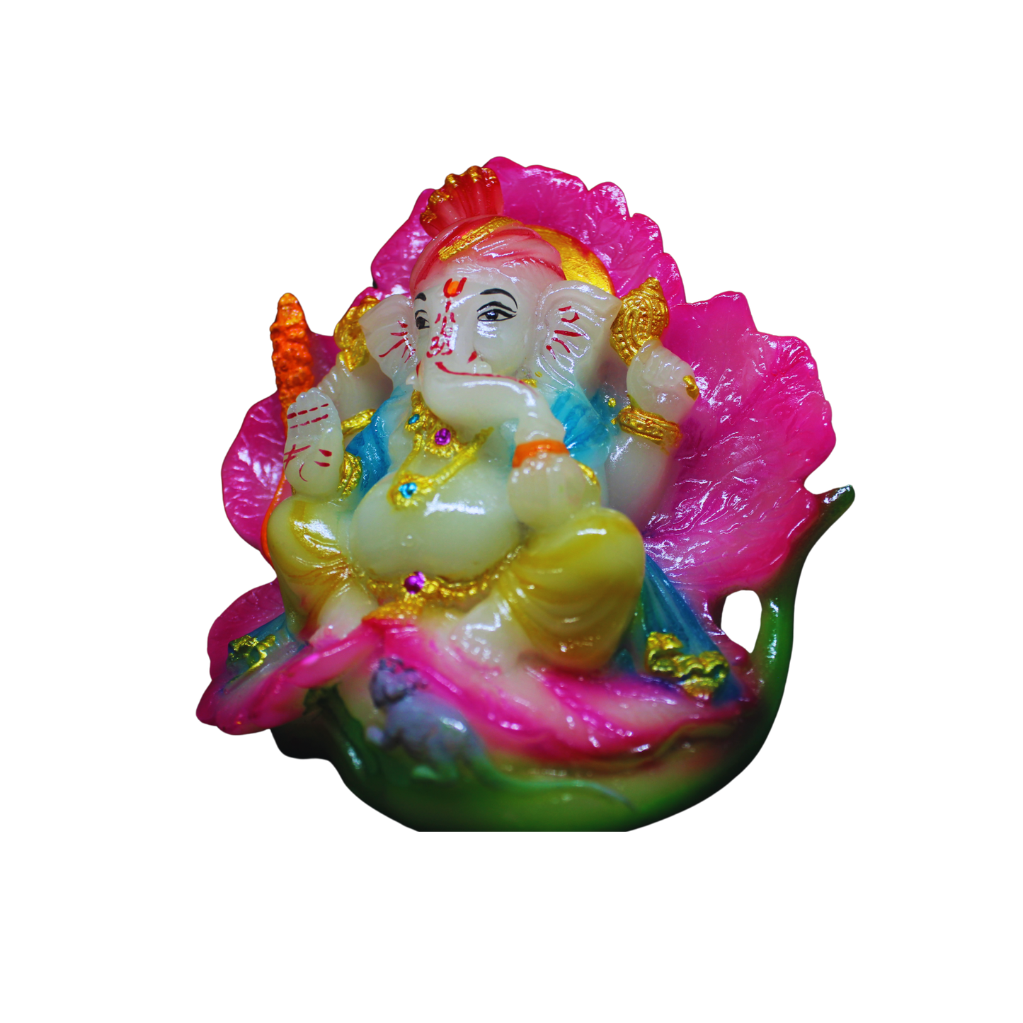 Colorful figurine of Ganesh on a white background sitting on a lotus flower