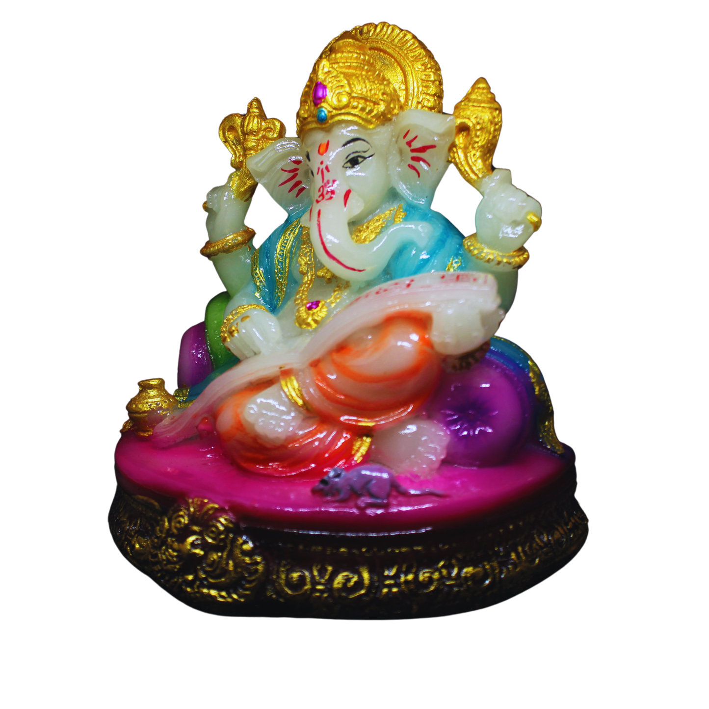 Colorful statue of a Ganapati with gold accents on a white background
