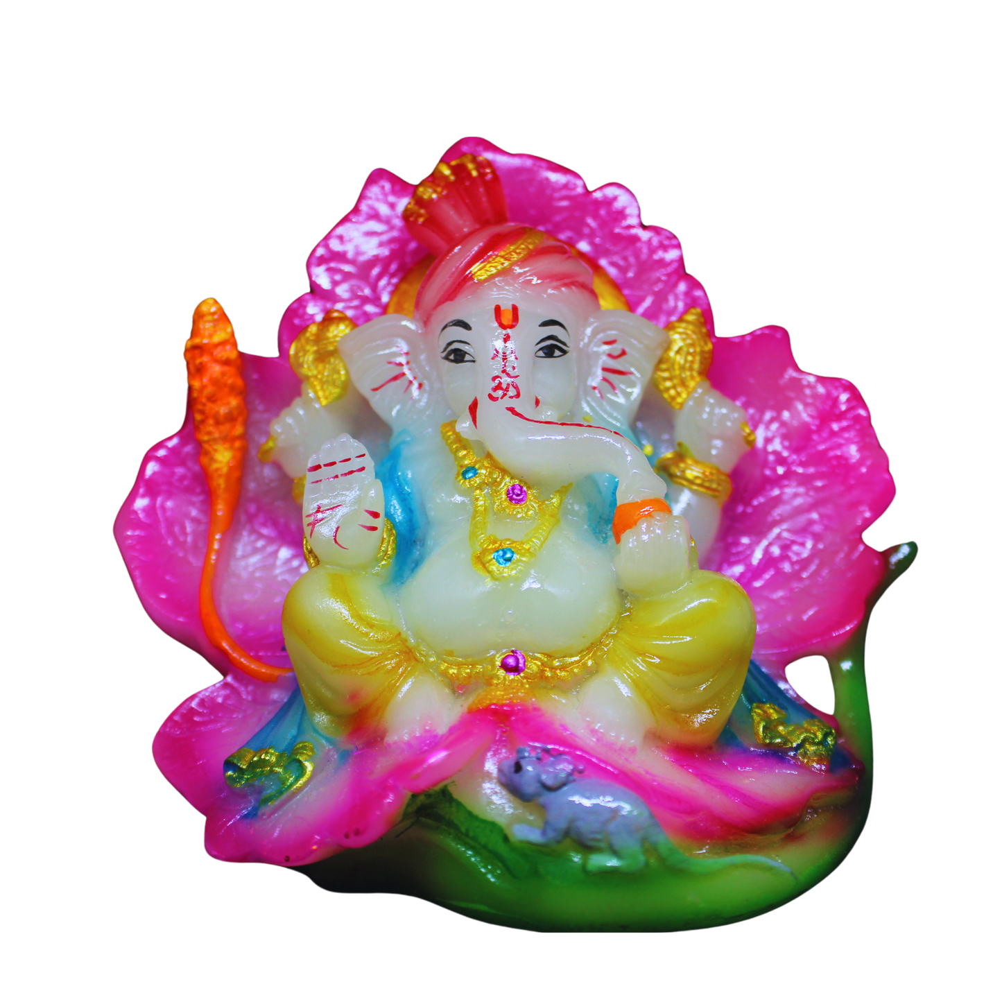Colorful figurine of a Ganesha on a pink lotus with a white background