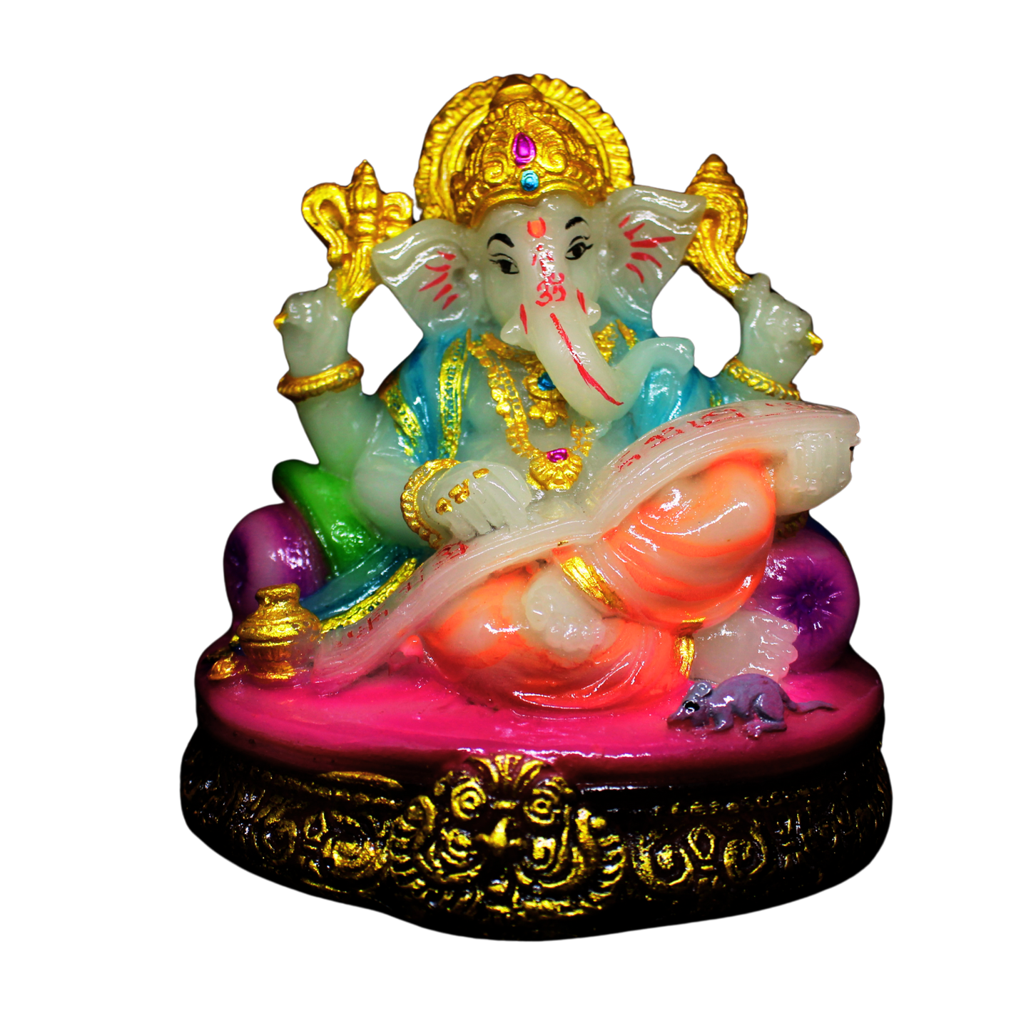 Colorful statue of a deity with a gold crown on a white background as an accountant with khata