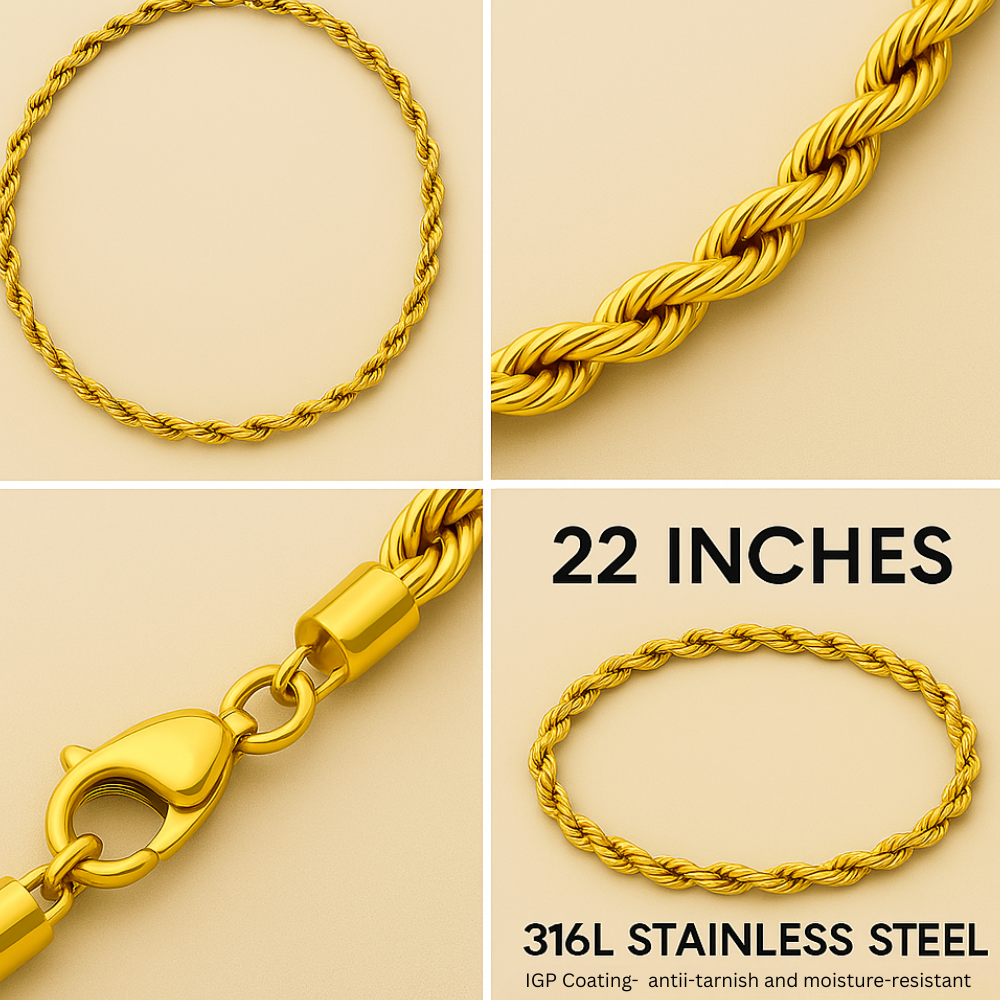 Stainless Steel Rope Chain For Men Gold (Size-22 inches )