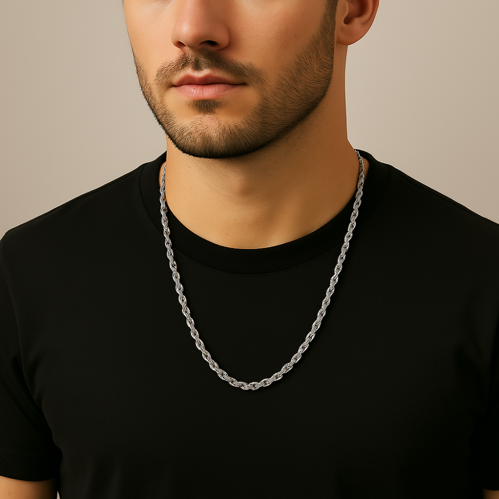 Stainless Steel Rope Chain For Men In Silver (22 inches)