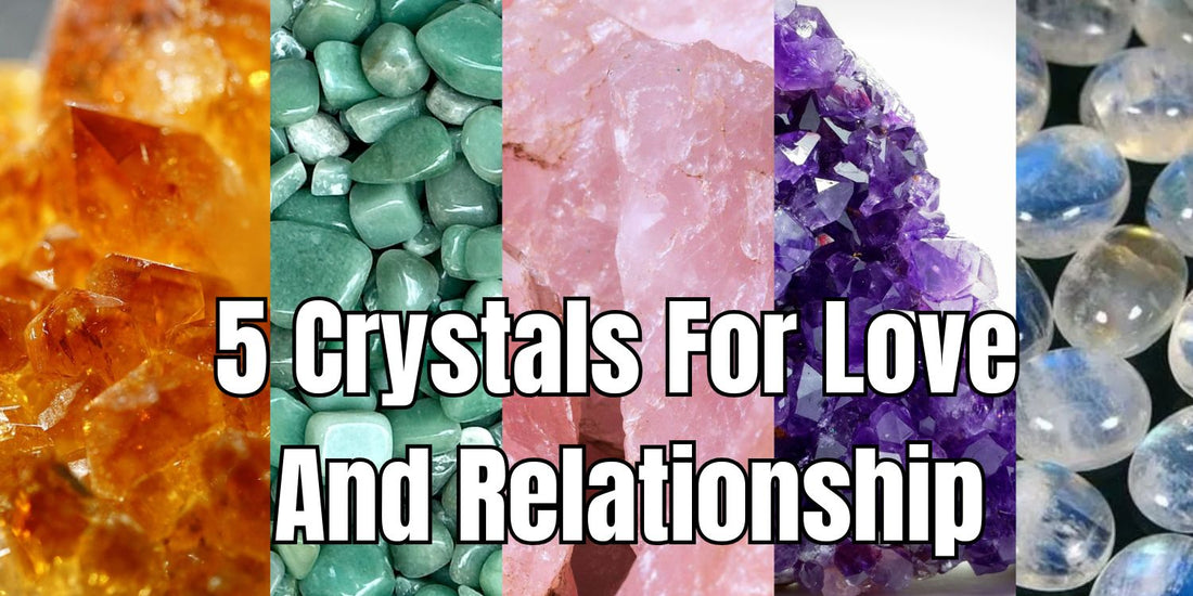 Banner featuring five crystals associated with love and relationships