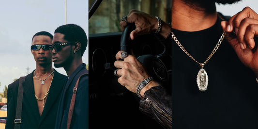 3 images of men collage shows options for men's jewellery available