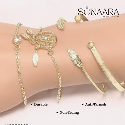 Gold Plated Dream Catcher Boho Bracelet Set on a mannequin arm, with 'Sonaara' branding.