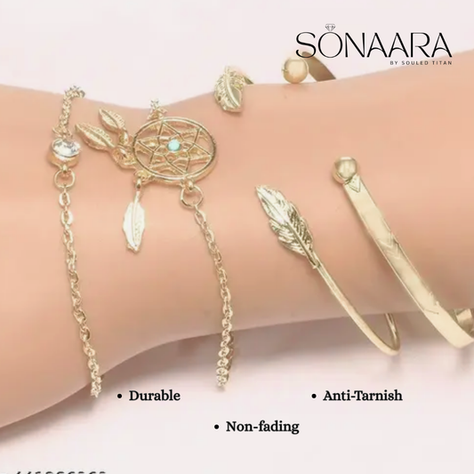 Gold Plated Dream Catcher Boho Bracelet Set on a mannequin arm, with 'Sonaara' branding.