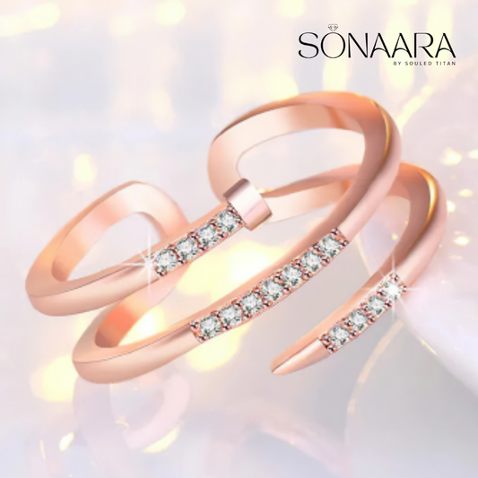 Rose gold ring with embedded diamonds on a soft white background, branded 'Sonaara'.
