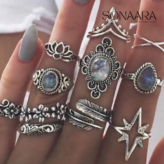 Stackable Blue Gemstone Multi-Design Rings (Silver Oxidized, Free Size)