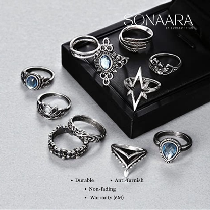 Stackable Blue Gemstone Multi-Design Rings (Silver Oxidized, Free Size)