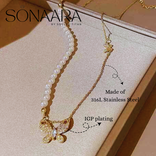 Pearl  Butterfly necklace with gold butterfly pendant on a branded box, featuring SONAARA branding. Best Gift for girls