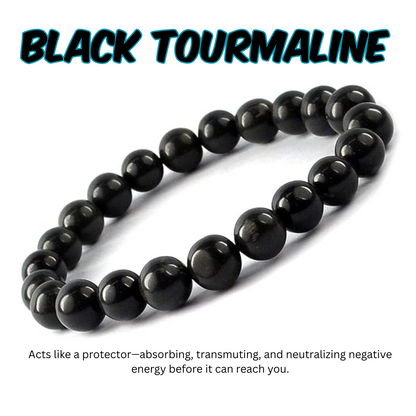 Black tourmaline bracelet on a white background with text about its properties.