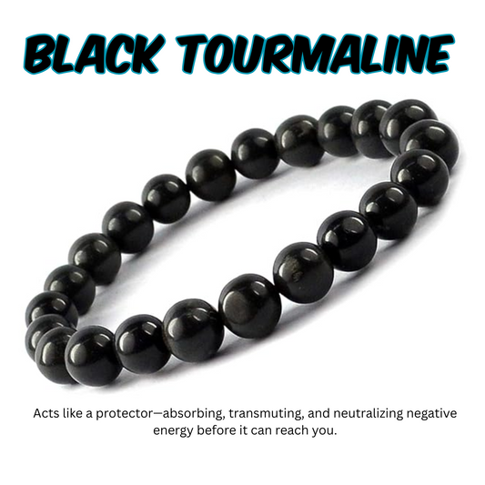Black tourmaline bracelet on a white background with text about its properties.