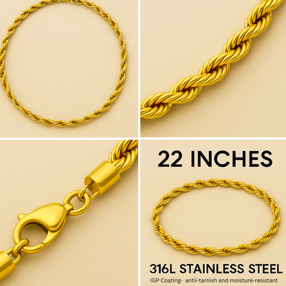 Stainless Steel Rope Chain For Men Gold (Size-22 inches )