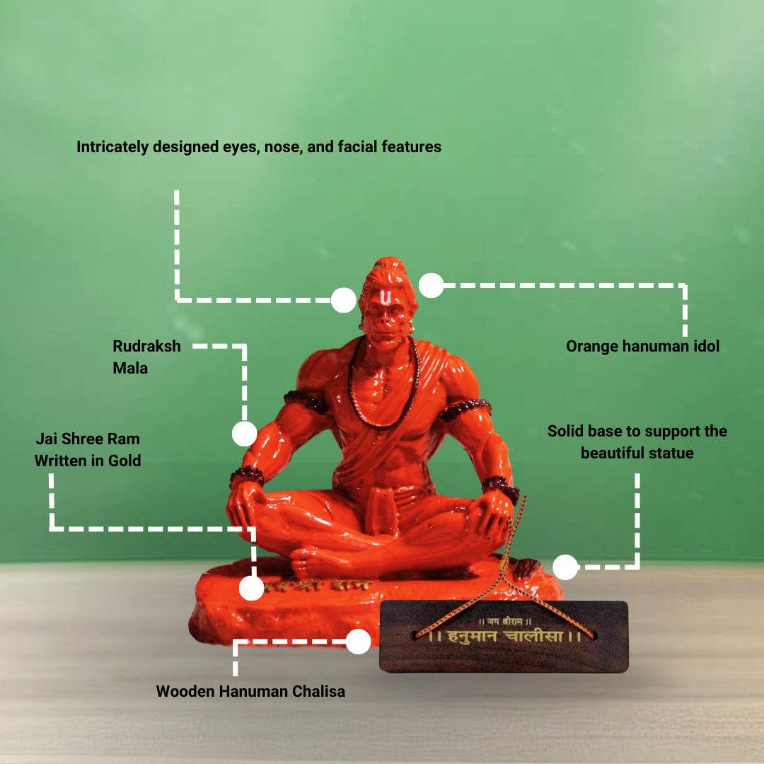 Orange Hanuman idol with features highlighted on a green background