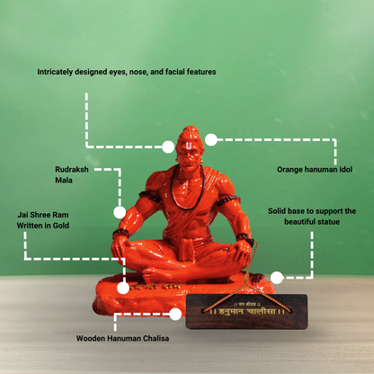 Orange Hanuman idol with features highlighted on a green background