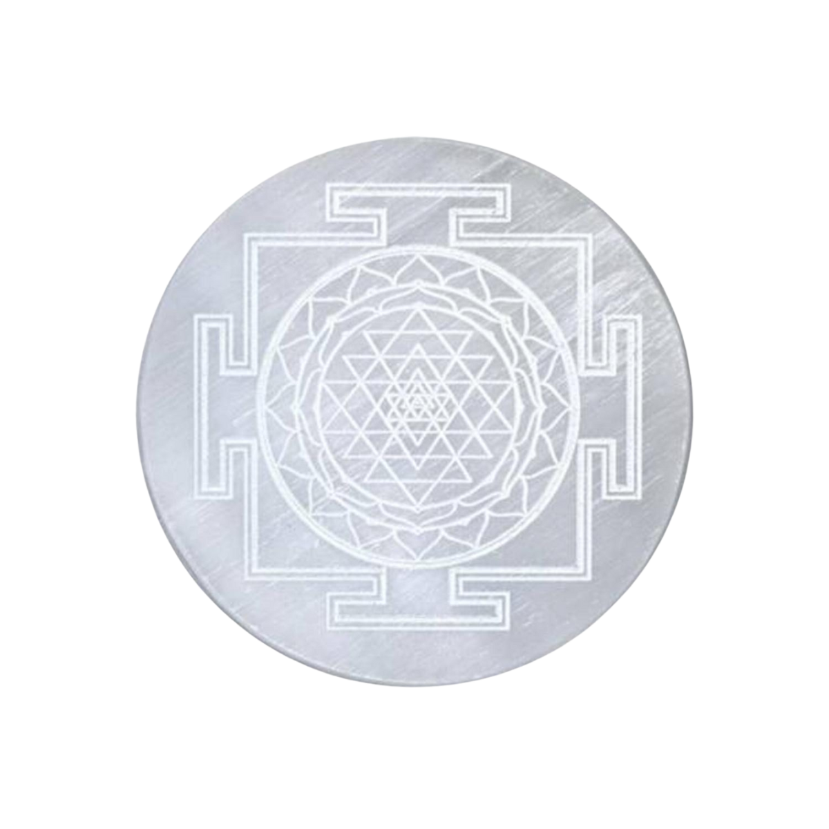 Circular Selenite plate with Sri Yantra design on a white background