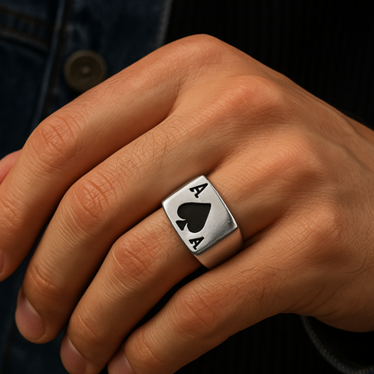 Adjustable Ace Signet Ring  in Stainless Steel
