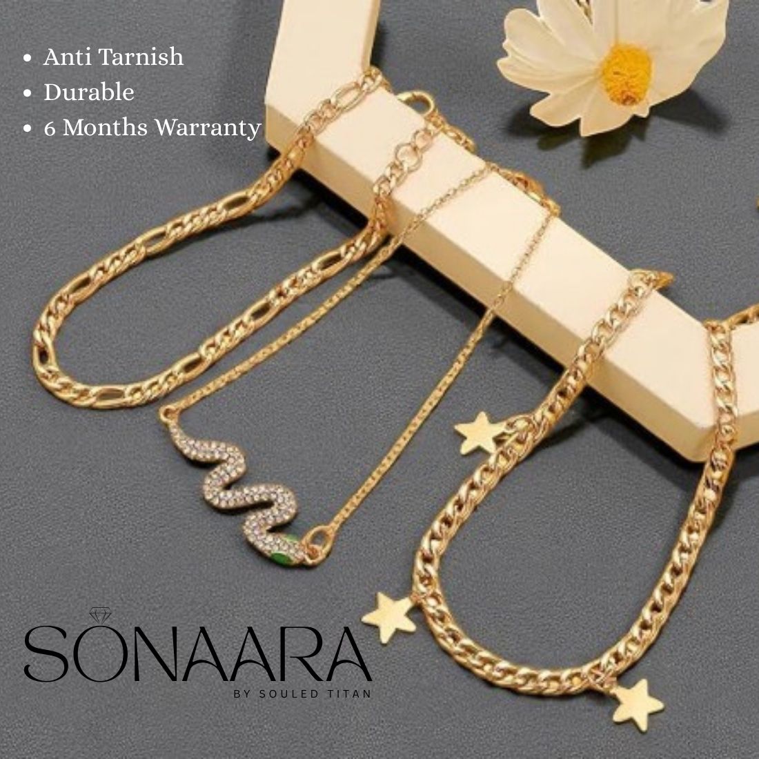 Gold Women's anklets  set of 3 on a gray surface, featuring Sonaara branding.