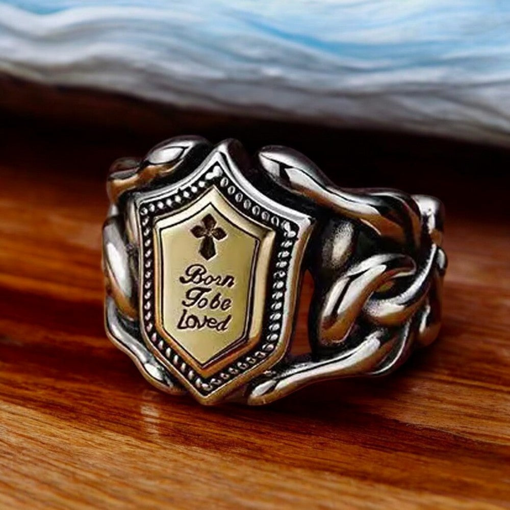 born to be loved shield sring for men